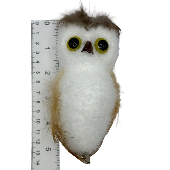 Vintage Flocked White Owl Christmas Ornament Real Feathers Clip-On Hang Bird - Picture 2 of 8